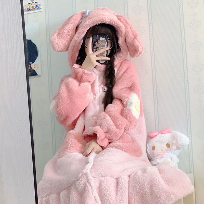 Raccoon pajamas women's winter robe coral fleece thickened plush long one-piece large size home clothes suit women