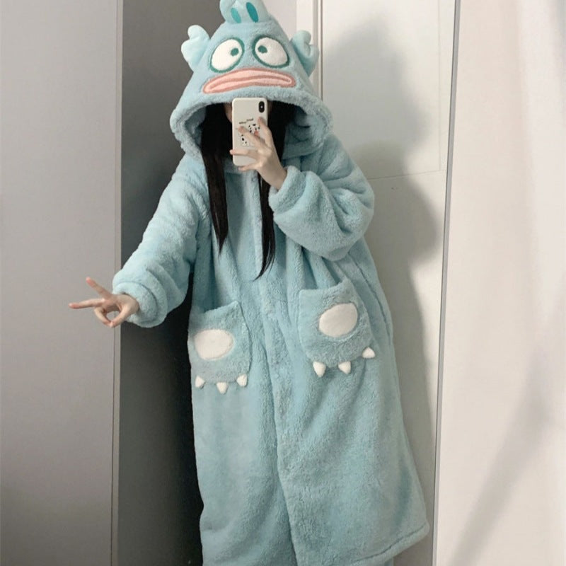 Special offer! ! 2024 new ugly fish pajamas women's winter coral fleece thickened cute school nightgown warm home