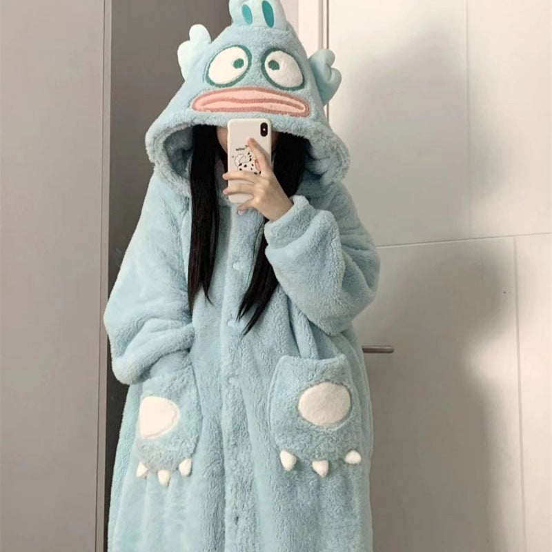 Special offer! ! 2024 new ugly fish pajamas women's winter coral fleece thickened cute school nightgown warm home