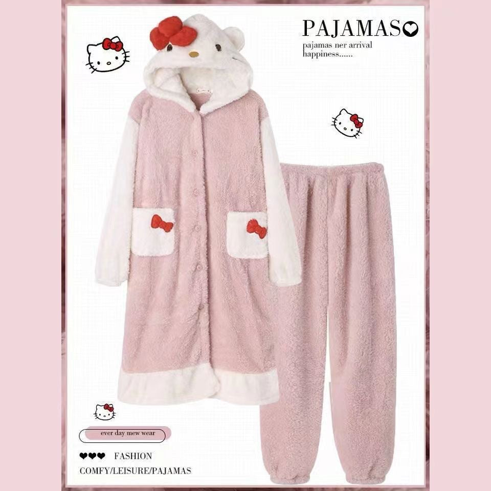 Raccoon pajamas women's winter robe coral fleece thickened plush long one-piece large size home clothes suit women