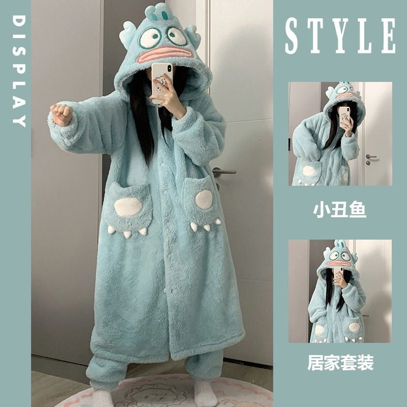 Special offer! ! 2024 new ugly fish pajamas women's winter coral fleece thickened cute school nightgown warm home