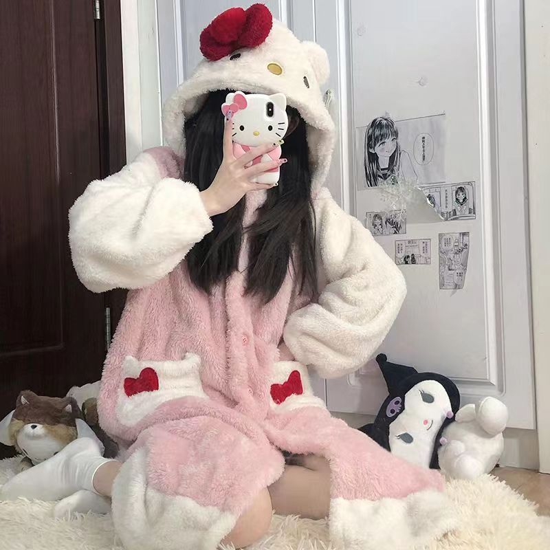 Raccoon pajamas women's winter robe coral fleece thickened plush long one-piece large size home clothes suit women