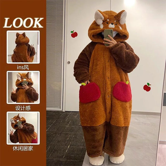 Raccoon pajamas women's winter robe coral fleece thickened plush long one-piece large size home clothes suit women