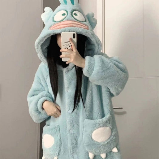 Special offer! ! 2024 new ugly fish pajamas women's winter coral fleece thickened cute school nightgown warm home