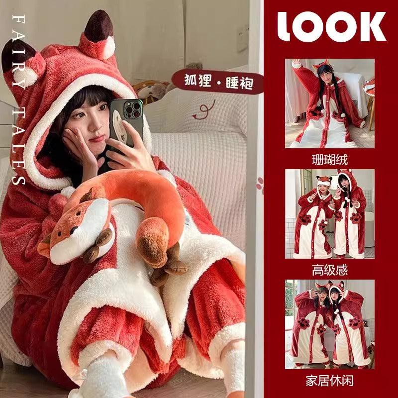 Raccoon pajamas women's winter robe coral fleece thickened plush long one-piece large size home clothes suit women