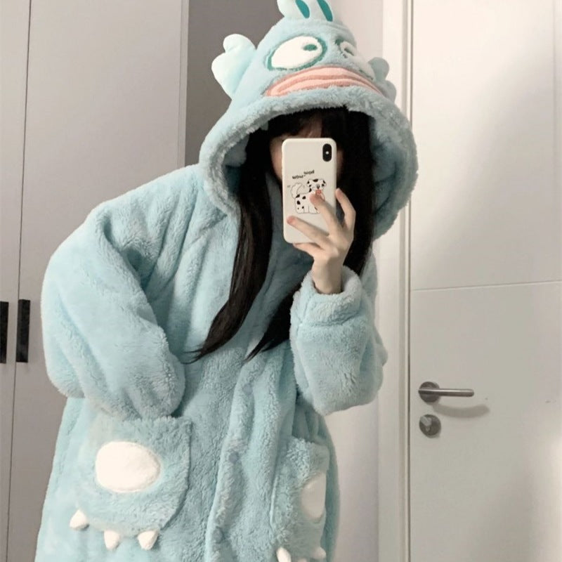 Special offer! ! 2024 new ugly fish pajamas women's winter coral fleece thickened cute school nightgown warm home