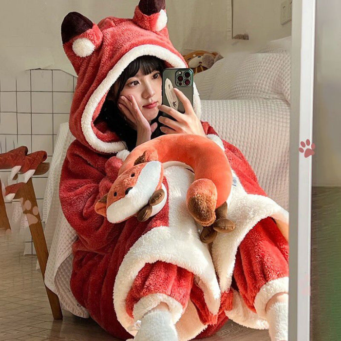 Raccoon pajamas women's winter robe coral fleece thickened plush long one-piece large size home clothes suit women