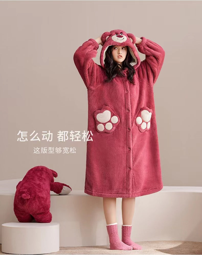 Raccoon pajamas women's winter robe coral fleece thickened plush long one-piece large size home clothes suit women