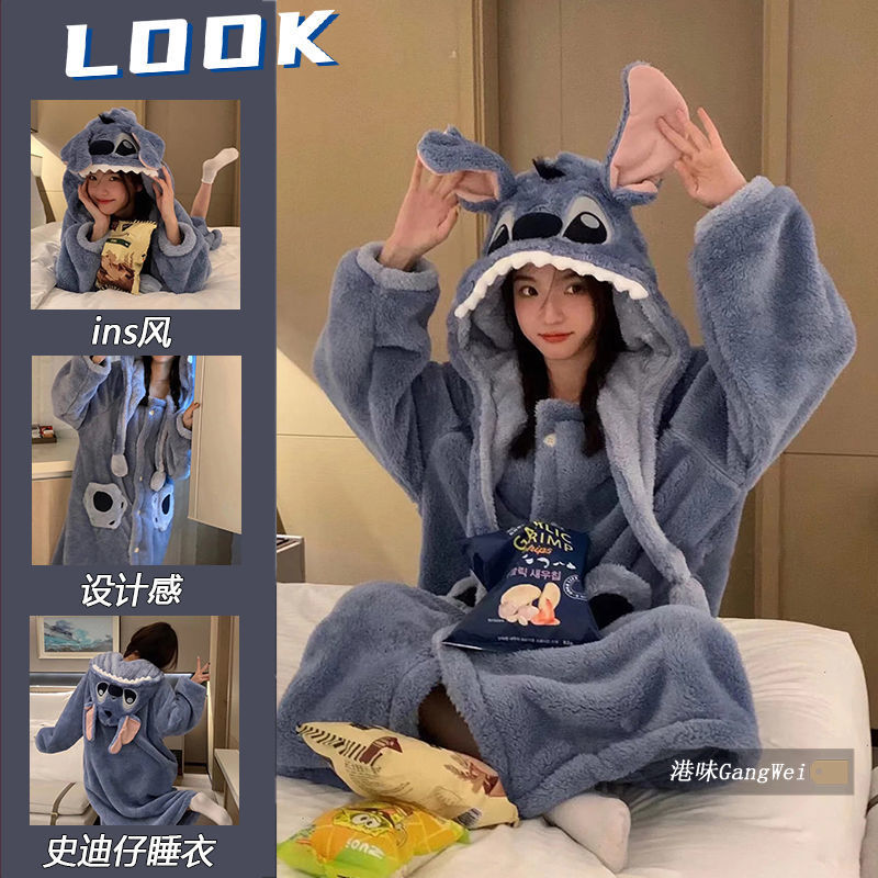 Raccoon pajamas women's winter robe coral fleece thickened plush long one-piece large size home clothes suit women