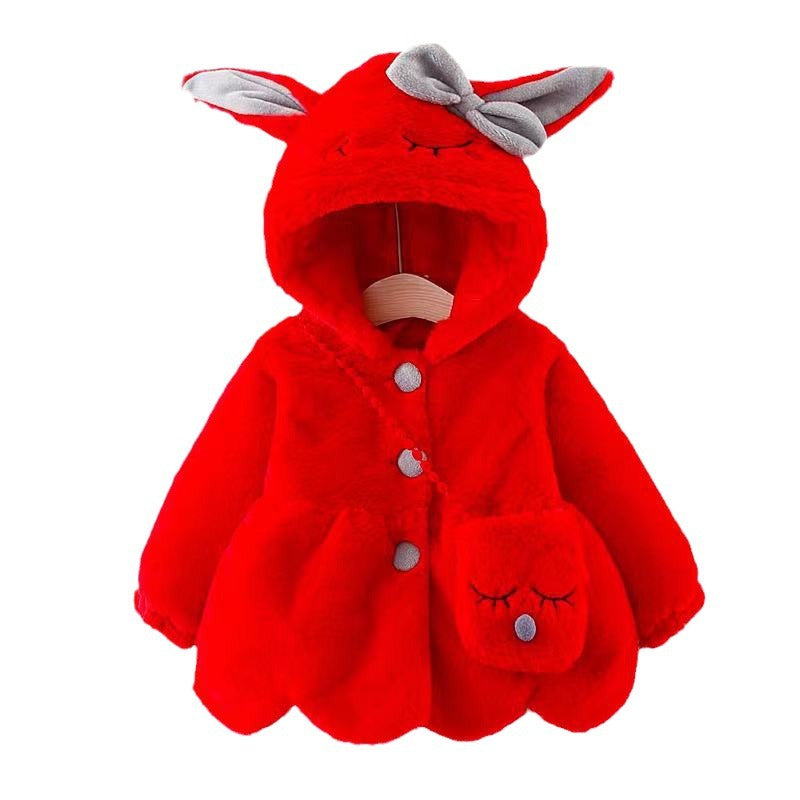 872 New winter children's clothing, girls' long-sleeved hooded coat, thickened fur sweater, rabbit ears coat