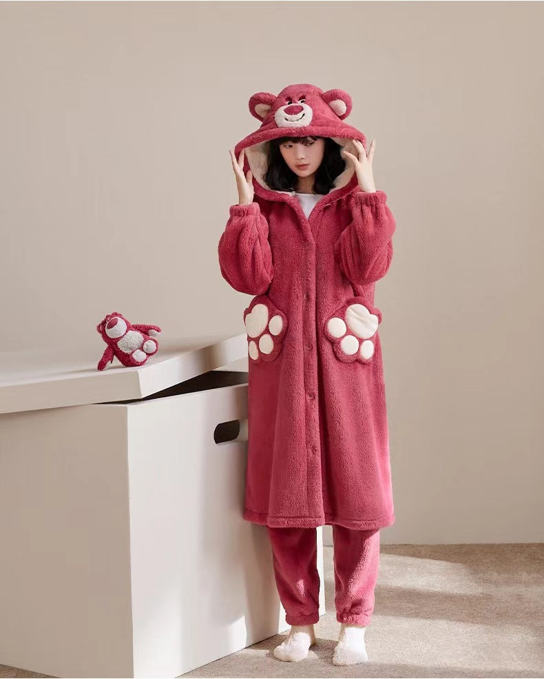 Raccoon pajamas women's winter robe coral fleece thickened plush long one-piece large size home clothes suit women