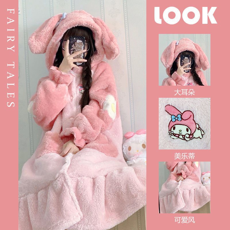 Raccoon pajamas women's winter robe coral fleece thickened plush long one-piece large size home clothes suit women