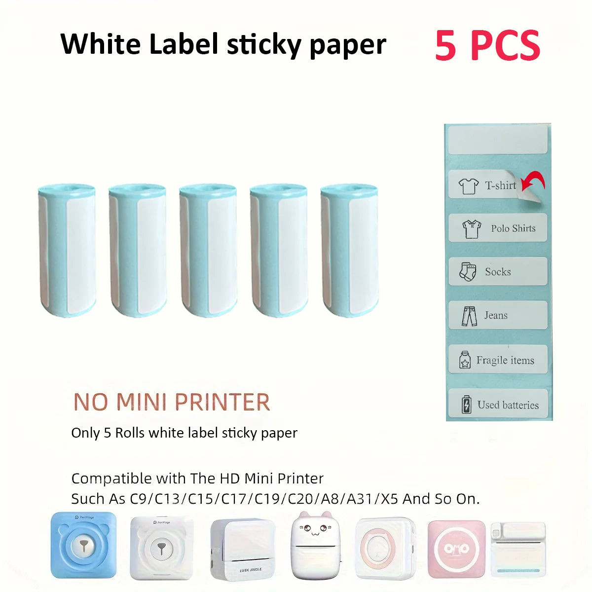 Thermal Printer Mini Portable Printer with 7 Roll Paper for Journal/DIY Scrapbook/Notes/Lists/Label/Memo Printer for iOS&Android